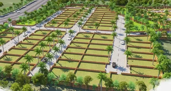 Aerial illustration of a gated plotted layout with tree-lined roads, shown for KNS Aura