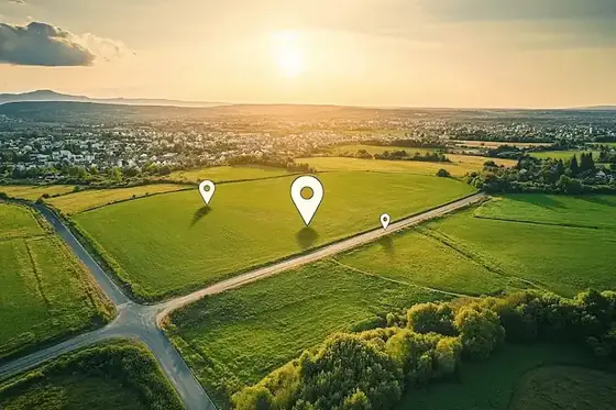 Aerial illustration of plotted farmland with location pins, shown for KNS Billore