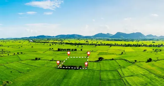 Illustration of a marked plot on green farmland with hills behind, shown for KNS Fresco Phase 2