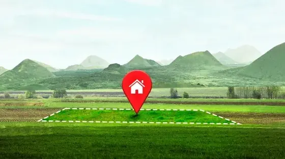 Illustration of a plot boundary on green farmland, shown for KNS Plots Rajanukunte
